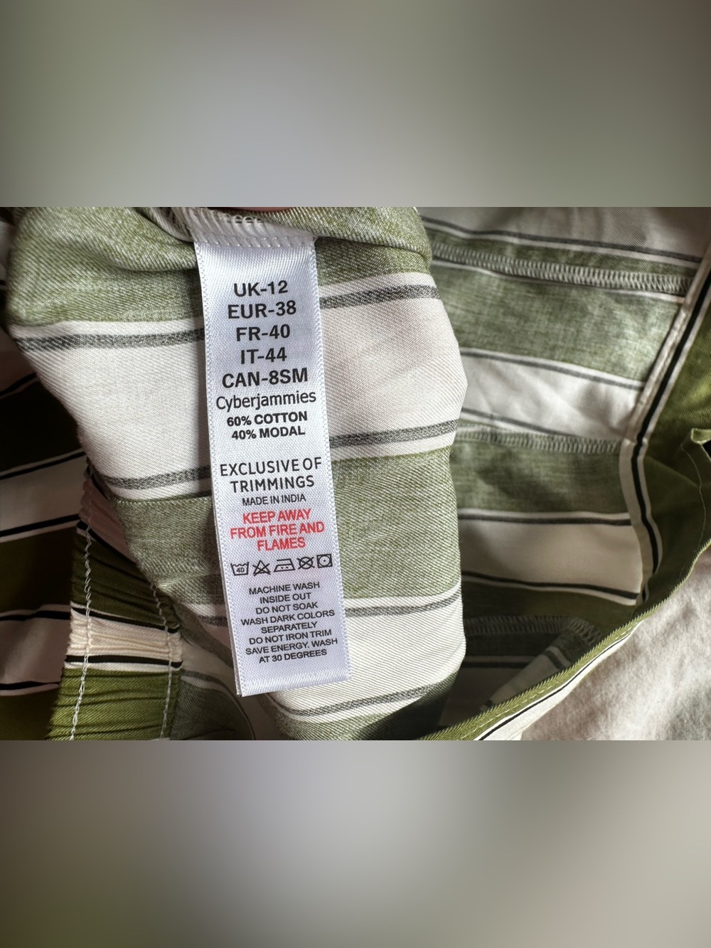Cyberjammies Nancy Stripe Pajama Set Sage Green Cotton Modal Size 44 - Picture 7 of 13